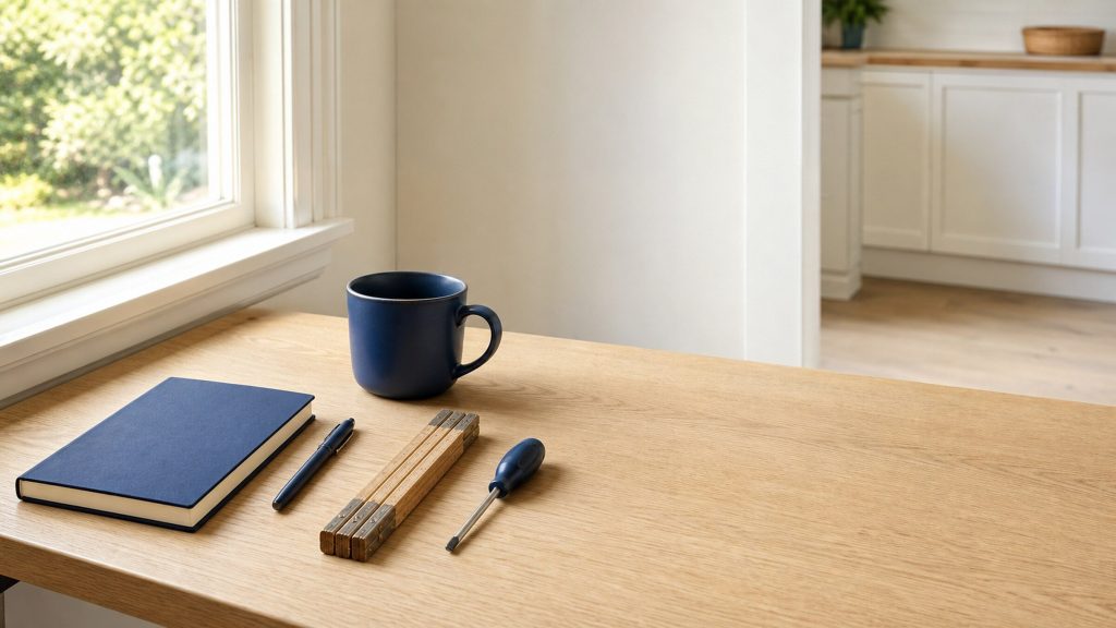 A pale oak desk by a window in warm daylight, a closed notebook, a pen, a folding rule and a small screwdriver laid out beside a mug.