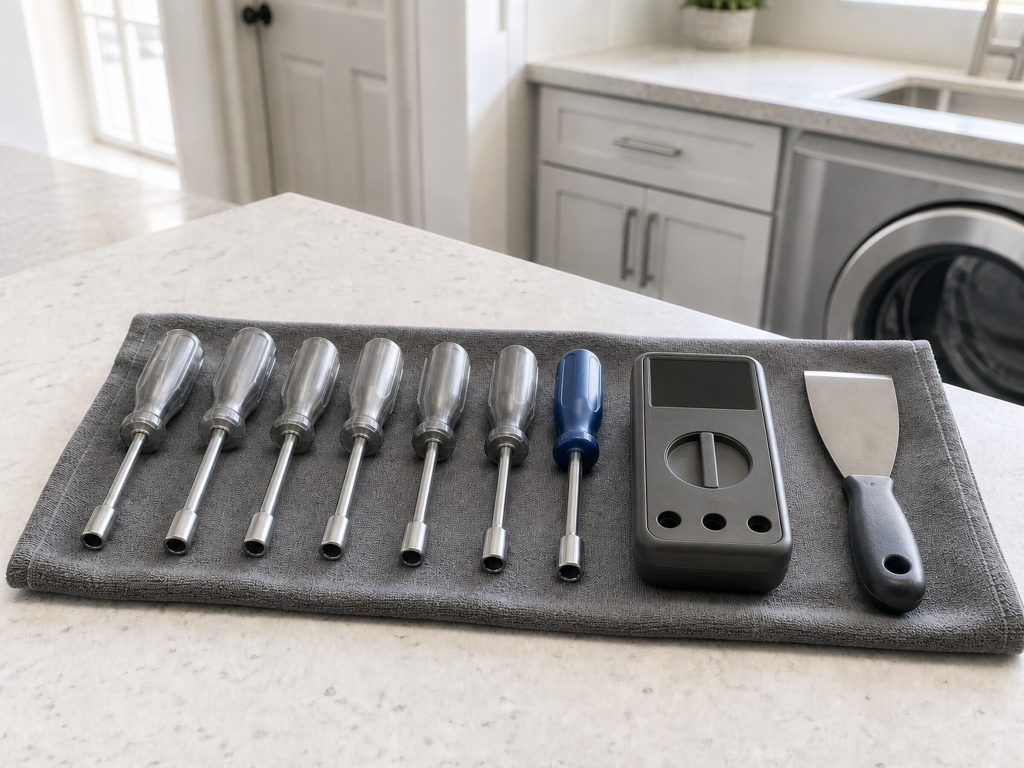 Hand tools laid out in a row on a folded grey cloth — nut drivers, a multimeter with a blank unlit screen, a putty knife — on a pale worktop in daylight.