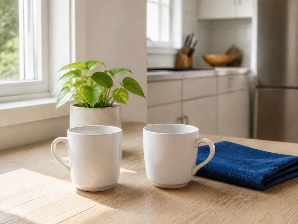 Two white mugs on a pale oak kitchen table beside a window, warm daylight, a small plant and a folded blue napkin.