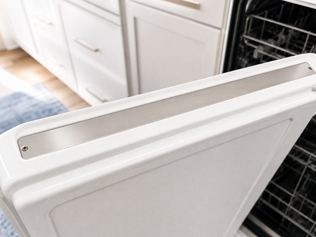 The narrow inner edge along the top of an open white dishwasher door in a bright kitchen, close on the smooth blank metal strip fixed there where a rating plate belongs, the strip entirely unmarked.
