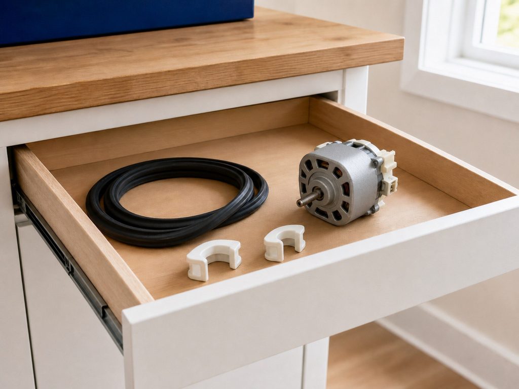 An open shallow drawer on a workbench holding plain unmarked spare parts — a rubber gasket coiled up, two white plastic clips, a small motor — in daylight against a pale wall.