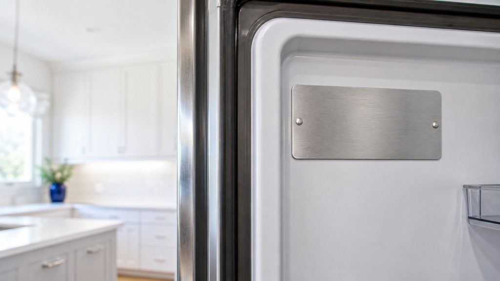 The inside edge of an open stainless refrigerator door in a bright white kitchen, close on the smooth blank metal plate riveted to the liner where a model number would be stamped, the plate entirely unmarked.