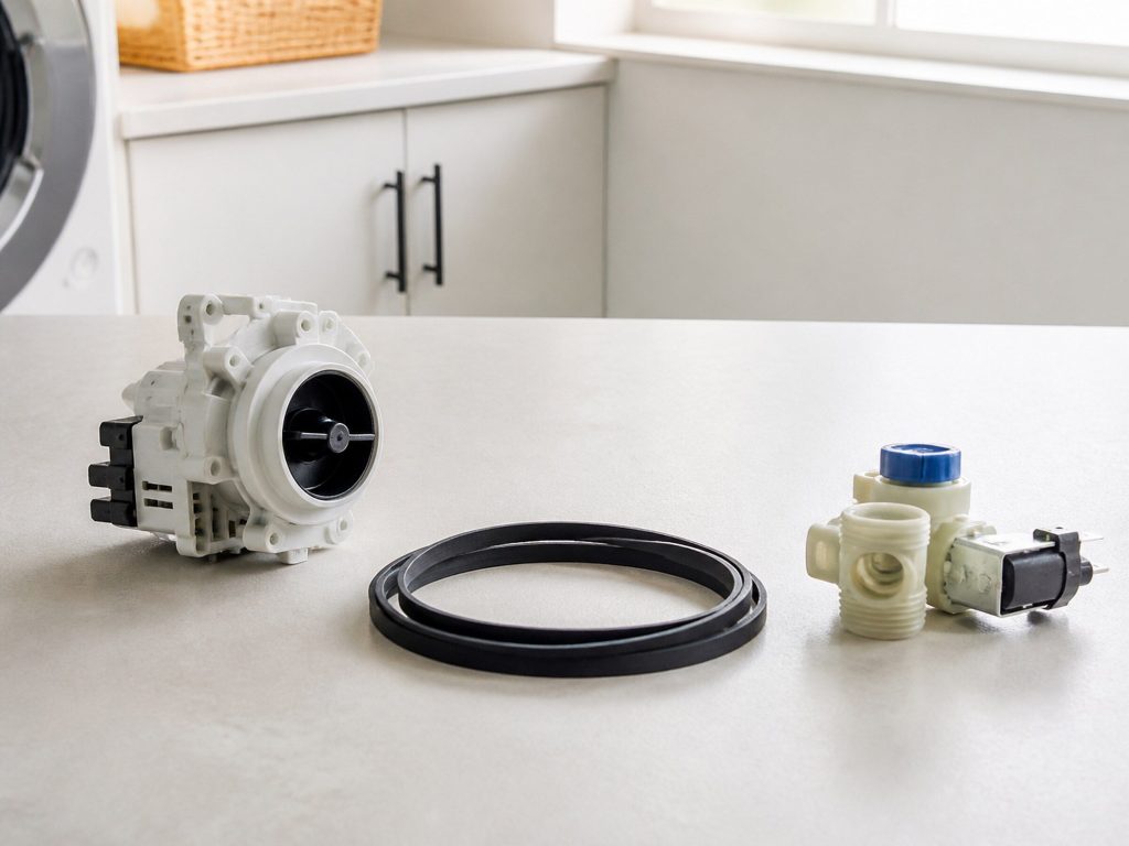 A pale workbench in daylight holding a drain pump, a drive belt coiled beside it and a small water valve, all of them plain and unmarked.