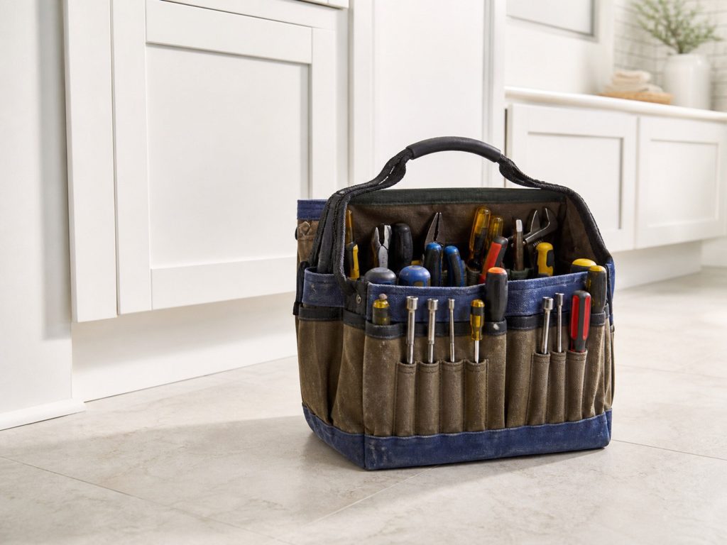 An open canvas tool bag standing on a pale tile kitchen floor, screwdrivers and nut drivers visible in its pockets, white cabinetry behind, warm daylight.