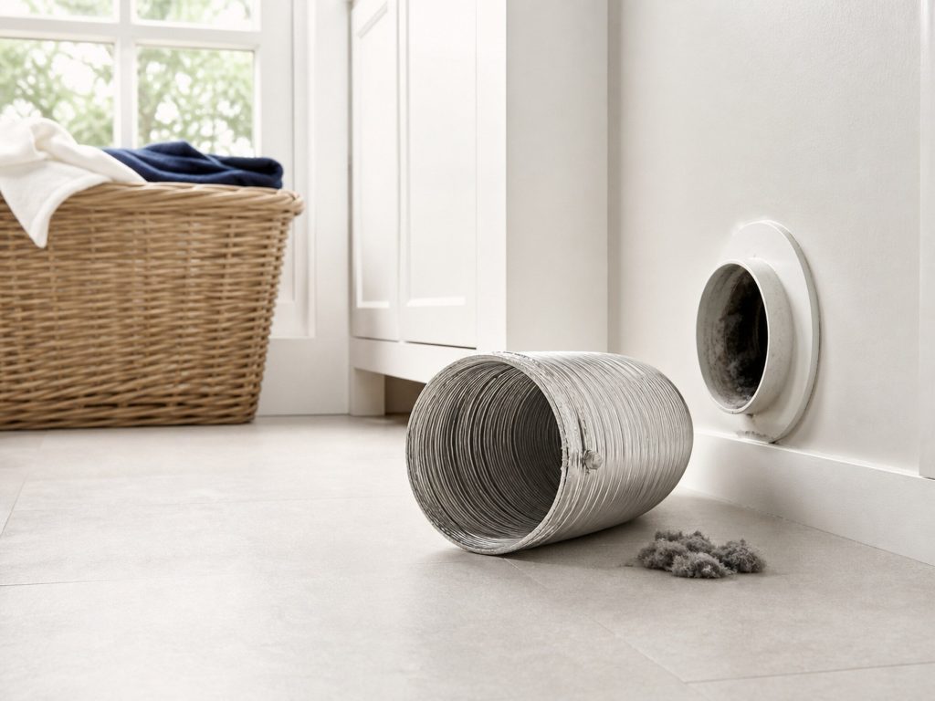 A flexible metal dryer vent duct pulled away from the wall outlet in a bright laundry room, a small drift of grey lint on the pale tile floor beside it.