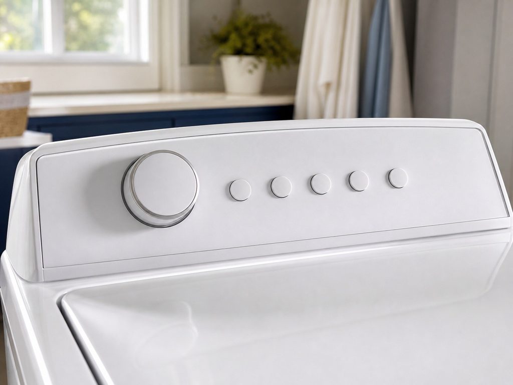 A close view of the control panel across the top of a white washing machine, a round selector dial and a row of push buttons, every one of them blank and unlabeled and no display anywhere on it.