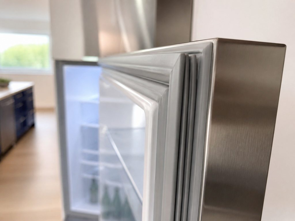 A close view along the rubber door seal of a stainless refrigerator standing open, the grey gasket and the door edge filling the frame, interior light spilling out.
