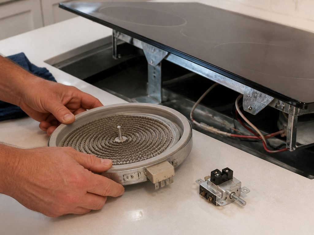 A radiant cooktop element and its infinite switch lying on a pale counter beside a lifted ceramic cooktop surface, wiring visible below.