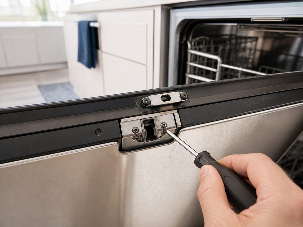 A close view of the latch and strike at the top of an open dishwasher door, a screwdriver resting against it, bright kitchen.