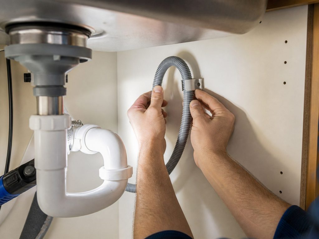 Hands under a kitchen sink securing a corrugated dishwasher drain hose into a high loop against the cabinet wall, flashlight beam across the plumbing.