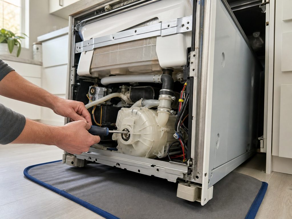 A dishwasher pulled out from under a counter onto a protective mat, laid partly on its side with the base panel off and the pump housing visible.