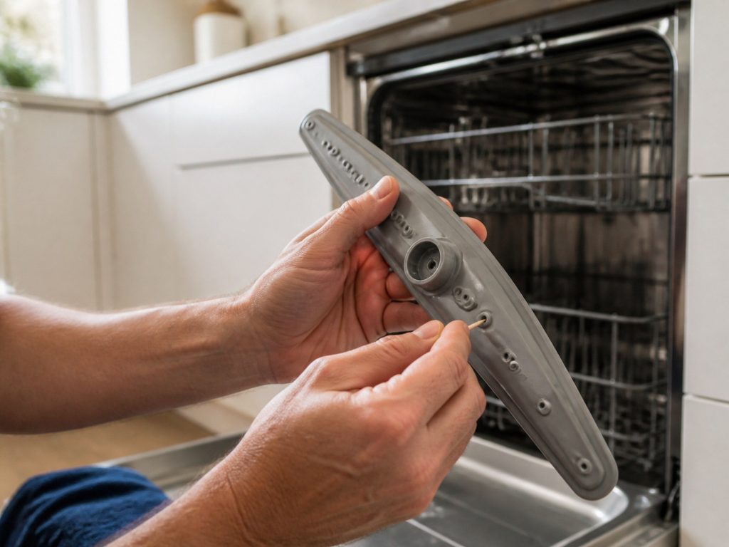 A dishwasher spray arm lifted out and held up to daylight, a hand clearing one of its jets, the open machine behind.