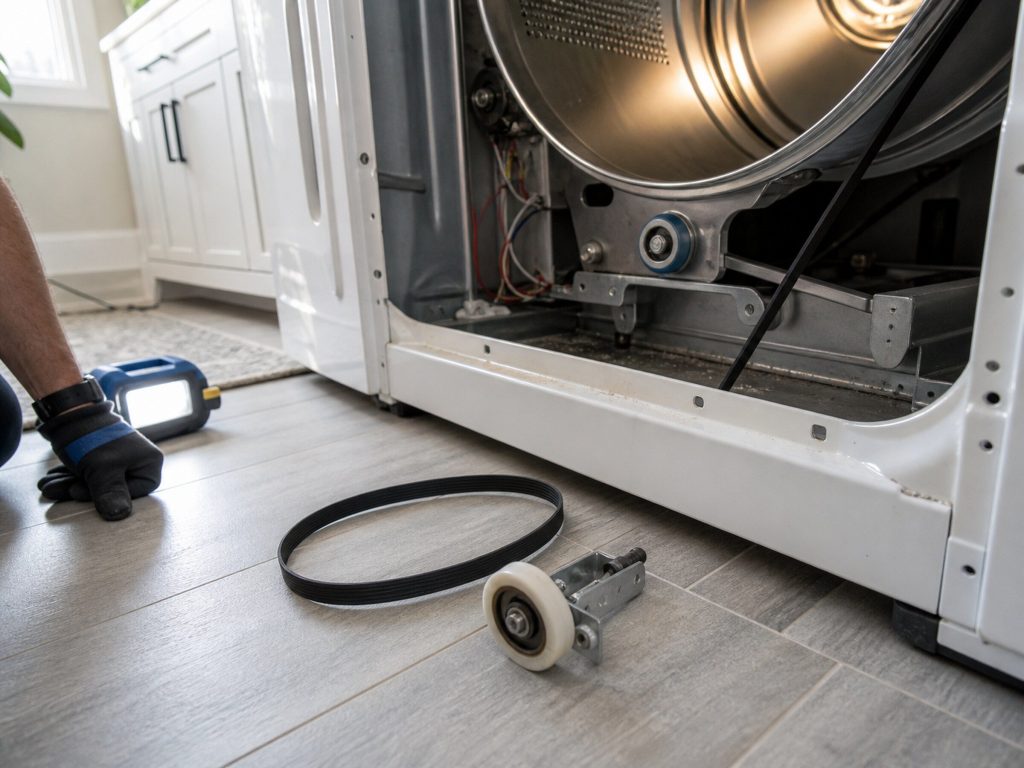 A dryer drum roller and a belt lying on a laundry room floor beside an open dryer cabinet, the drum visible inside, work light across it.