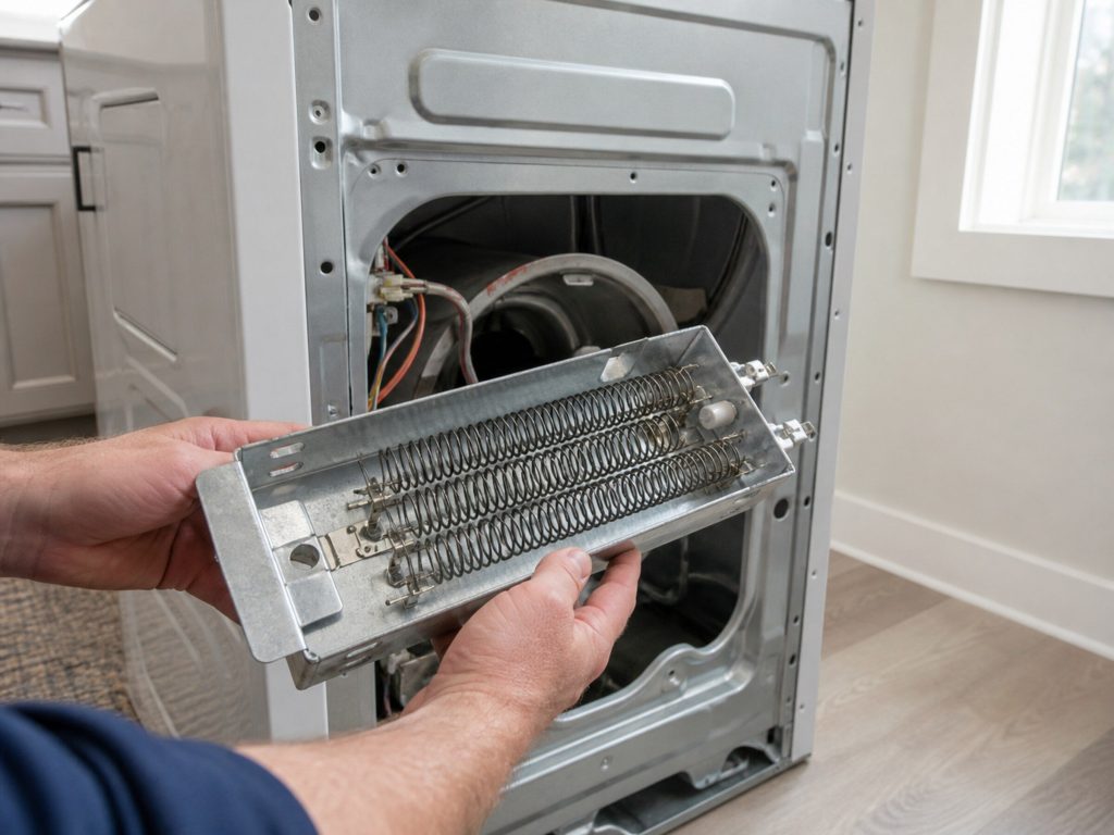A dryer heating element coil in its metal housing held in two hands over an open dryer back panel, the machine pulled out from the wall.