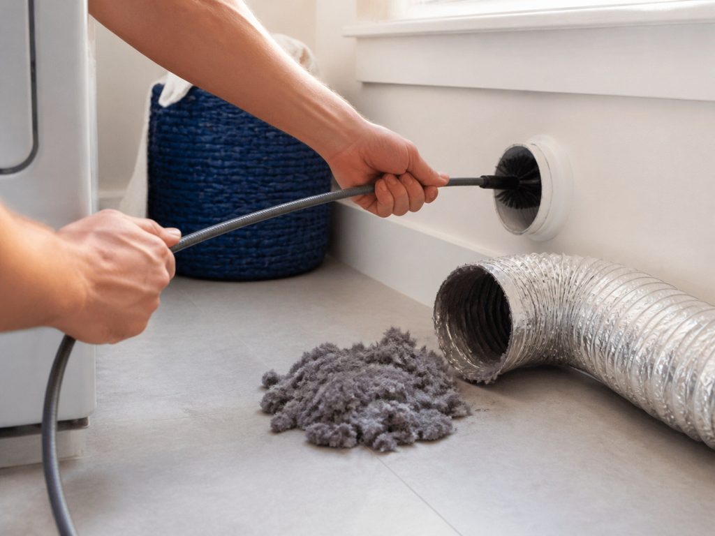 A long flexible brush being fed into a disconnected dryer duct at a wall outlet, a heap of grey lint on the floor beside, bright laundry room.