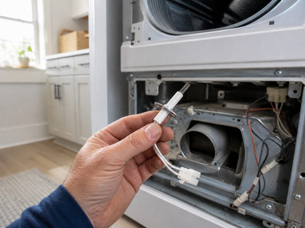 A hand holding a small ceramic igniter in front of the open burner housing of a gas dryer, the machine pulled out, bright laundry room.