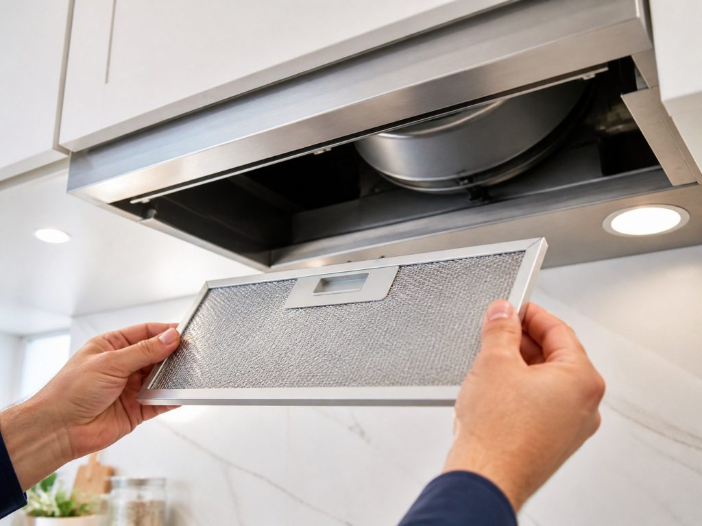 A mesh grease filter lifted out of an under-cabinet range hood and held up, the blower housing visible in the hood above, bright kitchen.
