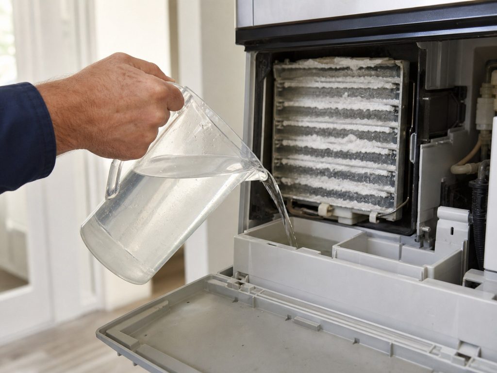 A measuring jug of descaling solution being poured into the reservoir of an open ice machine, white scale visible on the evaporator plate.