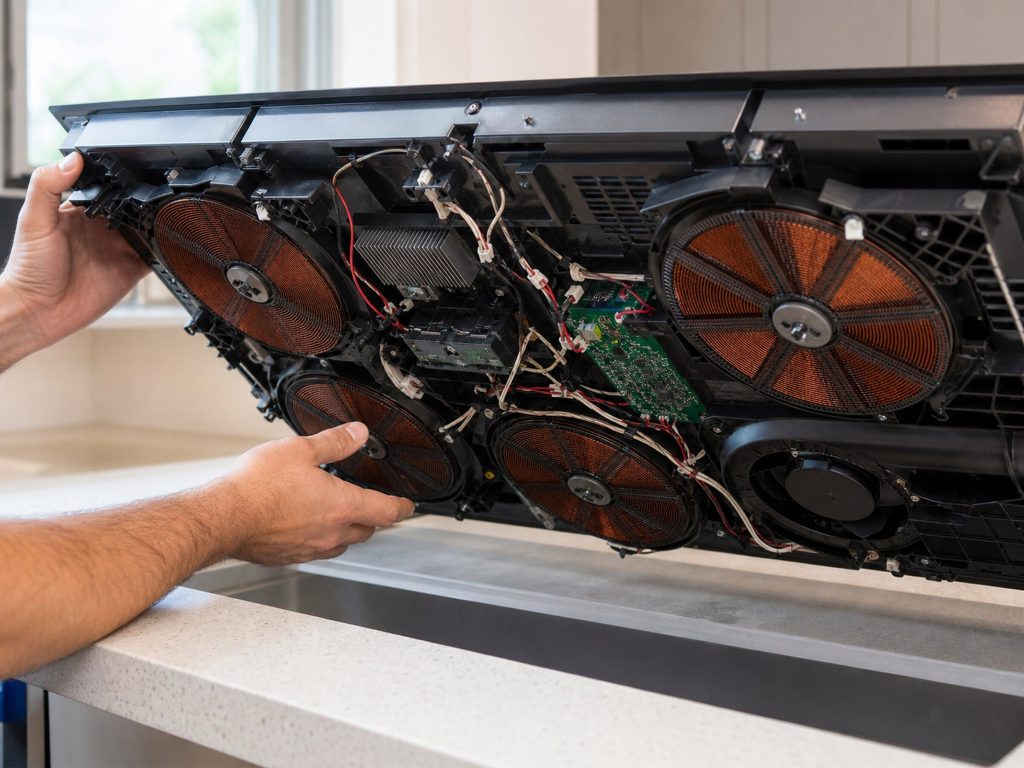 The underside of a lifted induction cooktop showing the round coil assemblies and their electronics on a pale counter, daylight.