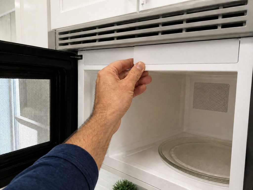 The interior of an over-the-range microwave with the door open and the vent grille above it, a hand reaching to the plain unmarked panel, bright kitchen.