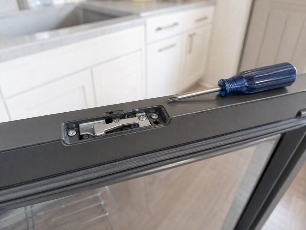 The top edge of an oven door open, showing the lock latch mechanism recessed into the frame, a screwdriver resting beside it.