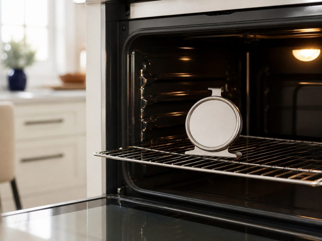 An independent oven probe thermometer standing on the middle rack of an open oven, its dial plain and unreadable, bright kitchen behind.