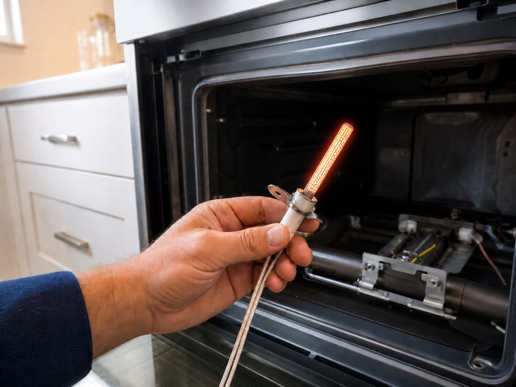 A hand holding a glowing-bar oven igniter in front of an open gas range oven cavity, the burner tube visible behind, bright kitchen.