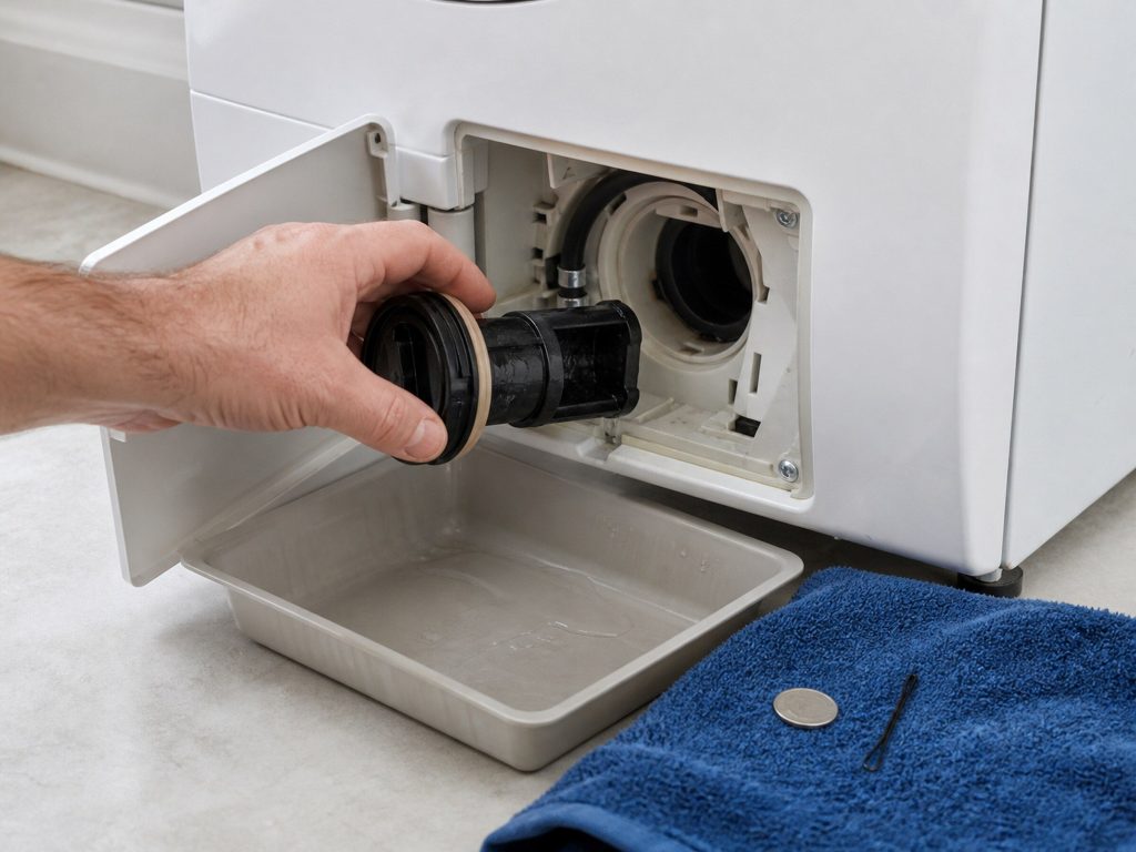 A small access panel open at the bottom front of a white washing machine, a shallow tray catching water, a coin and a hairpin lying on a towel beside it.