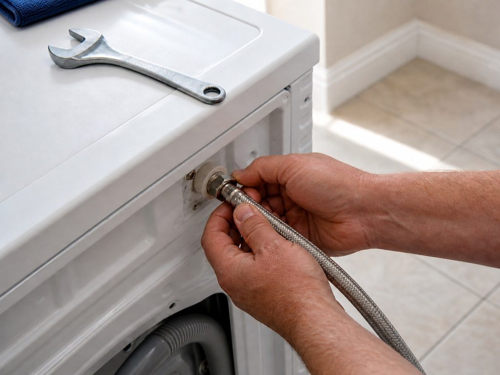 Hands checking the braided supply hose connection at the back of a white washing machine, a spanner resting on the machine top, pale tile floor.