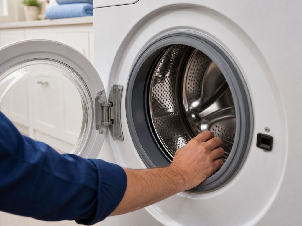 The open drum of a front-load washing machine with a hand on the rim turning it, the machine off, a bright laundry room around.