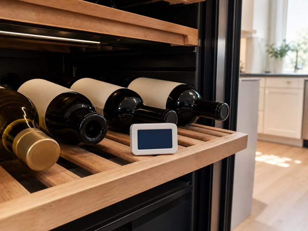 A small digital logger placed on the wooden shelf of an open wine center among bottles lying on their sides, soft interior light, bright kitchen.