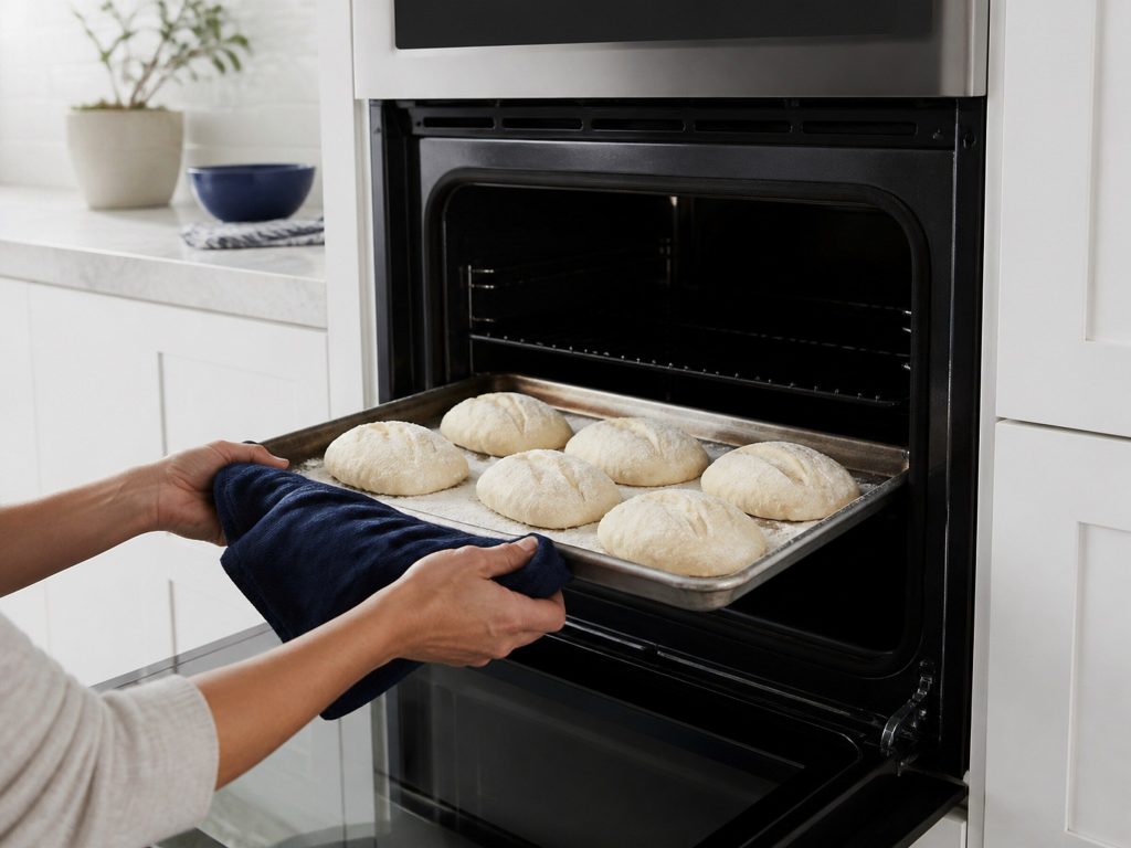 A baking tray of pale unbaked bread rolls being lifted out of an open wall oven in a bright white kitchen, the dough still raw and the oven cavity cold and dark behind it.