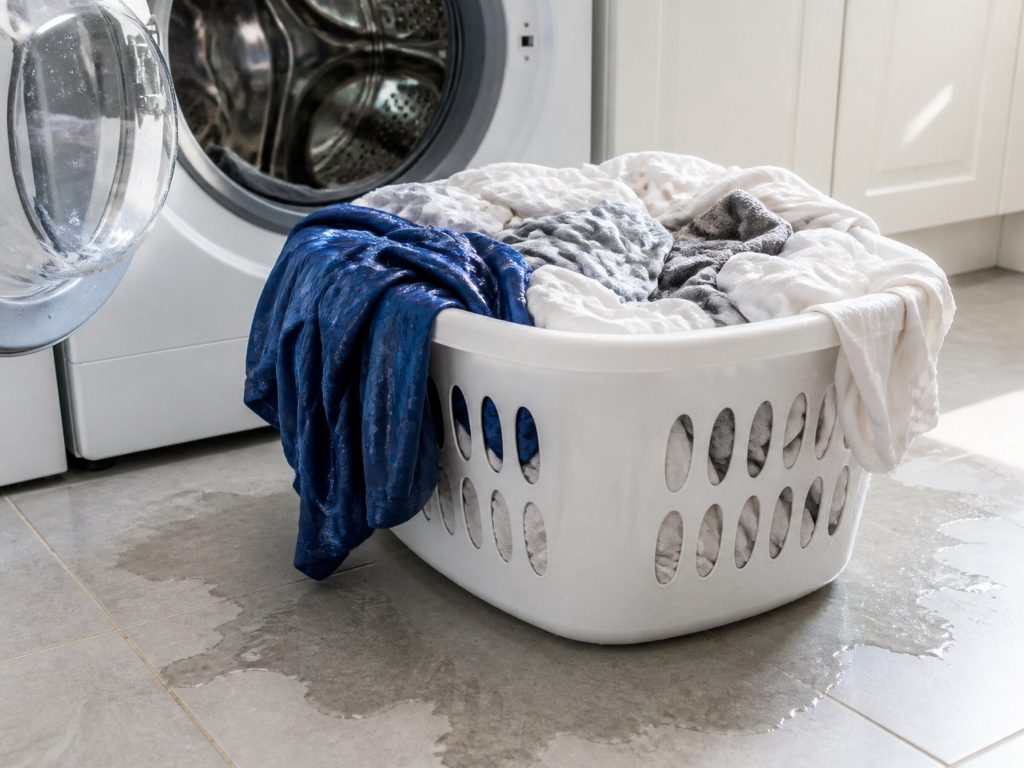 A basket of visibly soaking wet laundry lifted out of a front-load washing machine and set on a laundry room floor, water darkening the tile beneath it.